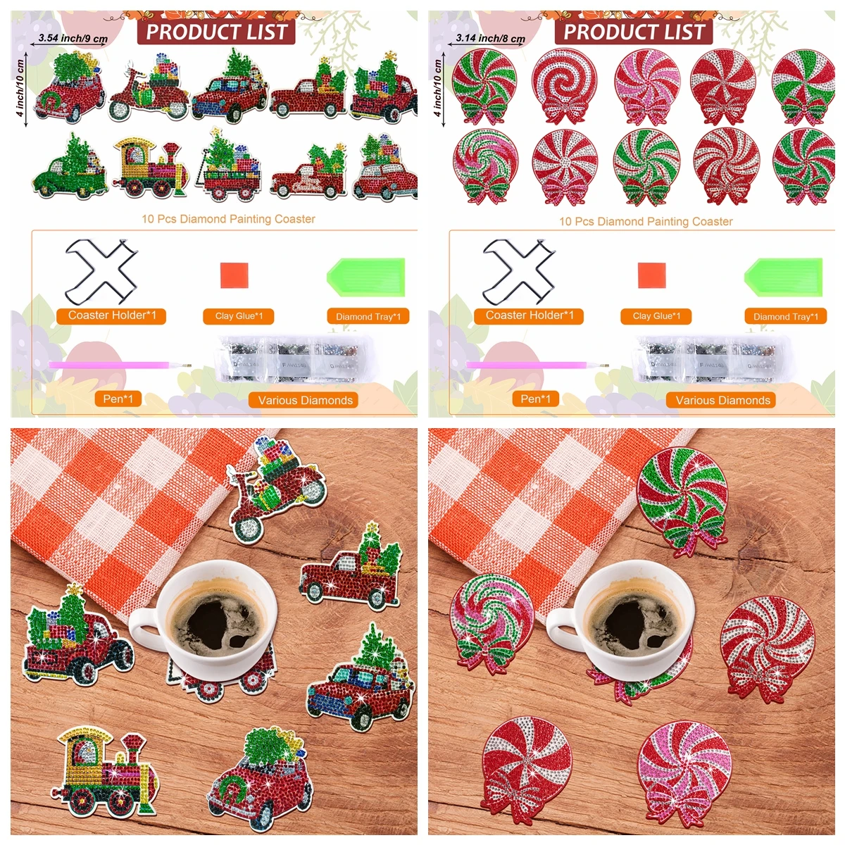 10pcs/Set DIY Christmas Diamond Painting Coasters with Holder Anti Slip Wood Drip Mats Diamond Art Christmas Coasters for Adults diamond painting diamond painting coasters
