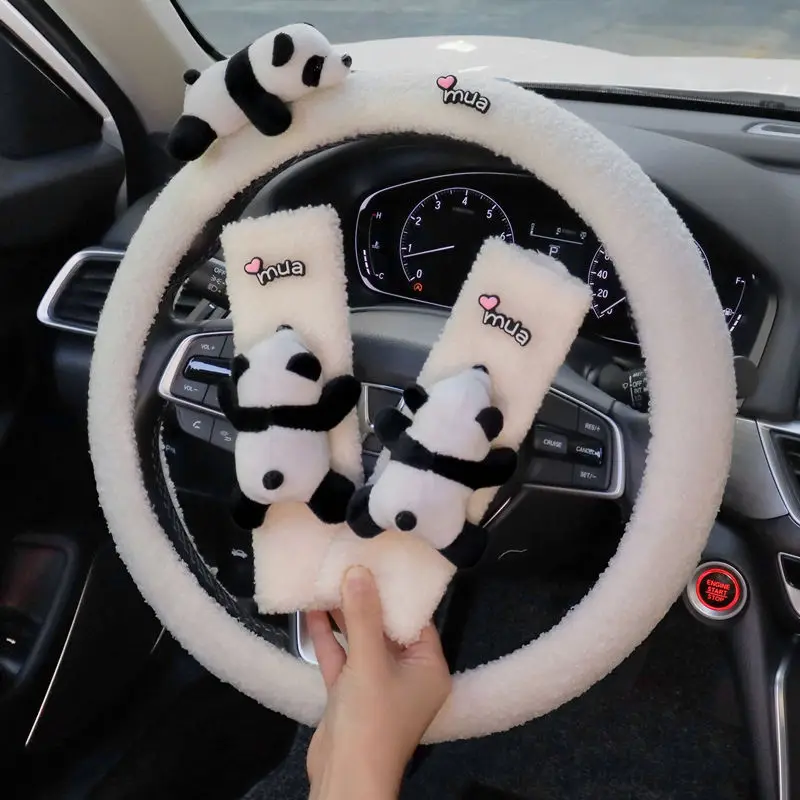 

New WInter Warm Soft Plush Cartoon Panda Car Interior Accessories Car Steering Wheel Cover Handble Cover