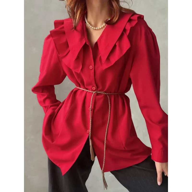 

French Retro Fashion Classic Lapel Long Sleeve Cardigan Shirt Women's All-Match Casual Cotton Shirt Red Yy18