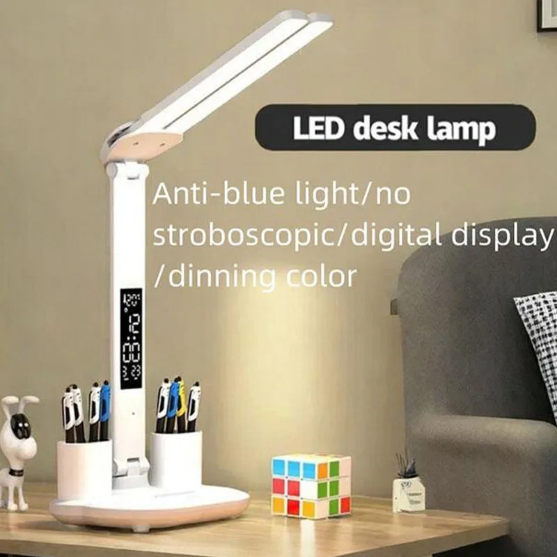 Desk Lamp USB Rechargeable LED Clock Dimmable 2 Heads 180 Degree Rotation Foldable Desktop Reading Night Light Eye Protection