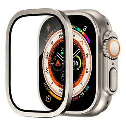 Premium Tempered Glass Screen Protector with Titanium Frame for Apple Watch Ultra 49mm - Anti - Scratch Film (Titanium Gold)