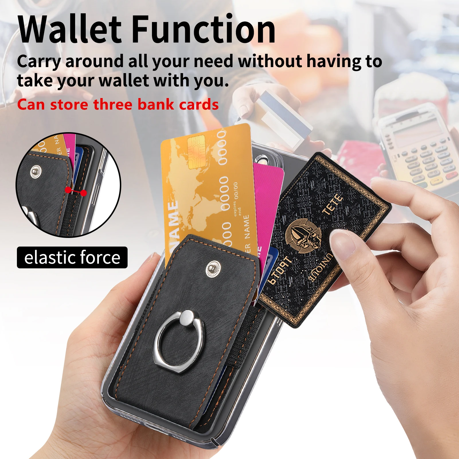 Adhesive Ring Buckle Phone Stand with Card Holder and Desktop Support, Multifunctional and Portable