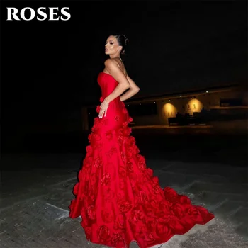 ROSES Red A Line Strapless Prom Dress 3D Flowers Celebrity Dresses Women's Evening Dress Stain Formal Gown 프롬 드레스 Customized 1