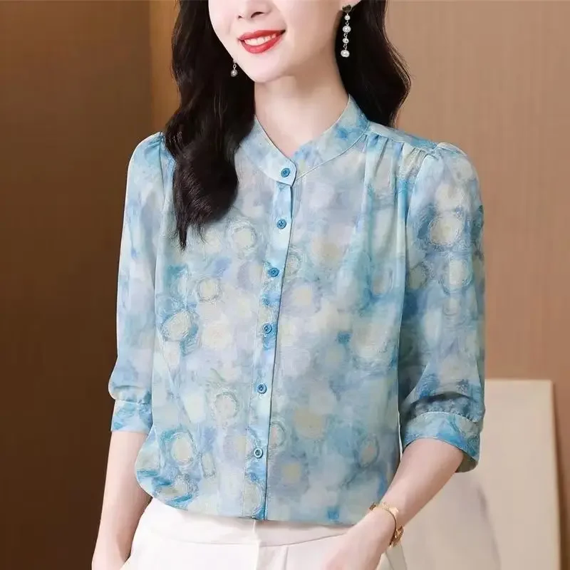 

Elegant Fragmented Chiffon Single-breasted Shirt Women's 3/4 Sleeve Summer New Loose Slim Covering Top Small N316