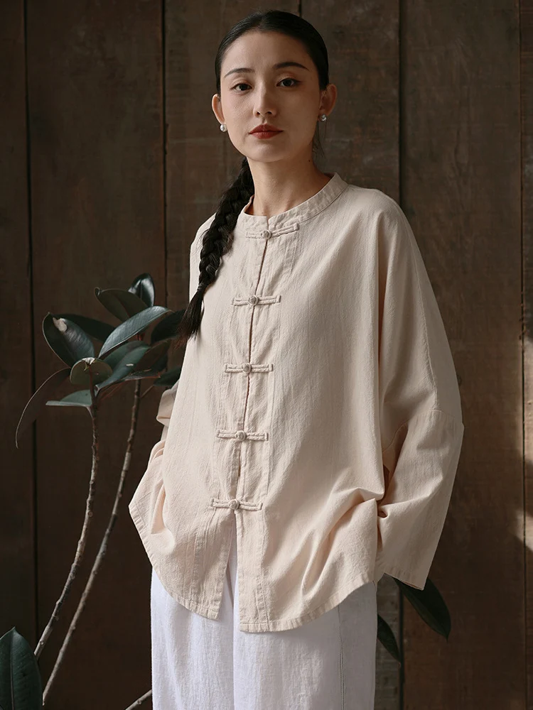 Chinese Style Cotton Mandarin Jacket Women Kung Fu Shirt Oversize Traditional Tops