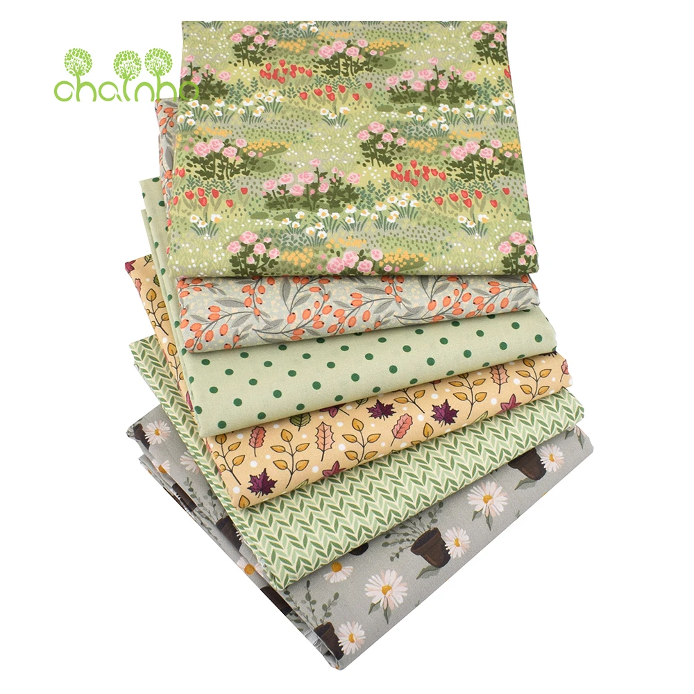 Chainho,Green Floral,Digital Printed Plain-Weave Cotton Fabric,Patchwork Cloth Of Handmade DIY Quilting Sewing Bag,Toys Material