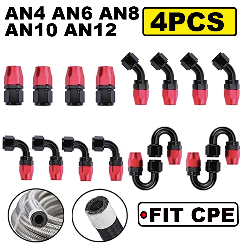 4x Universal AN4/AN6/AN8/AN10/AN12 Straight 0°/45°/90°/180° Degree CPE Oil Fuel Swivel Hose End Fitting Oil Hose End Adaptor Kit