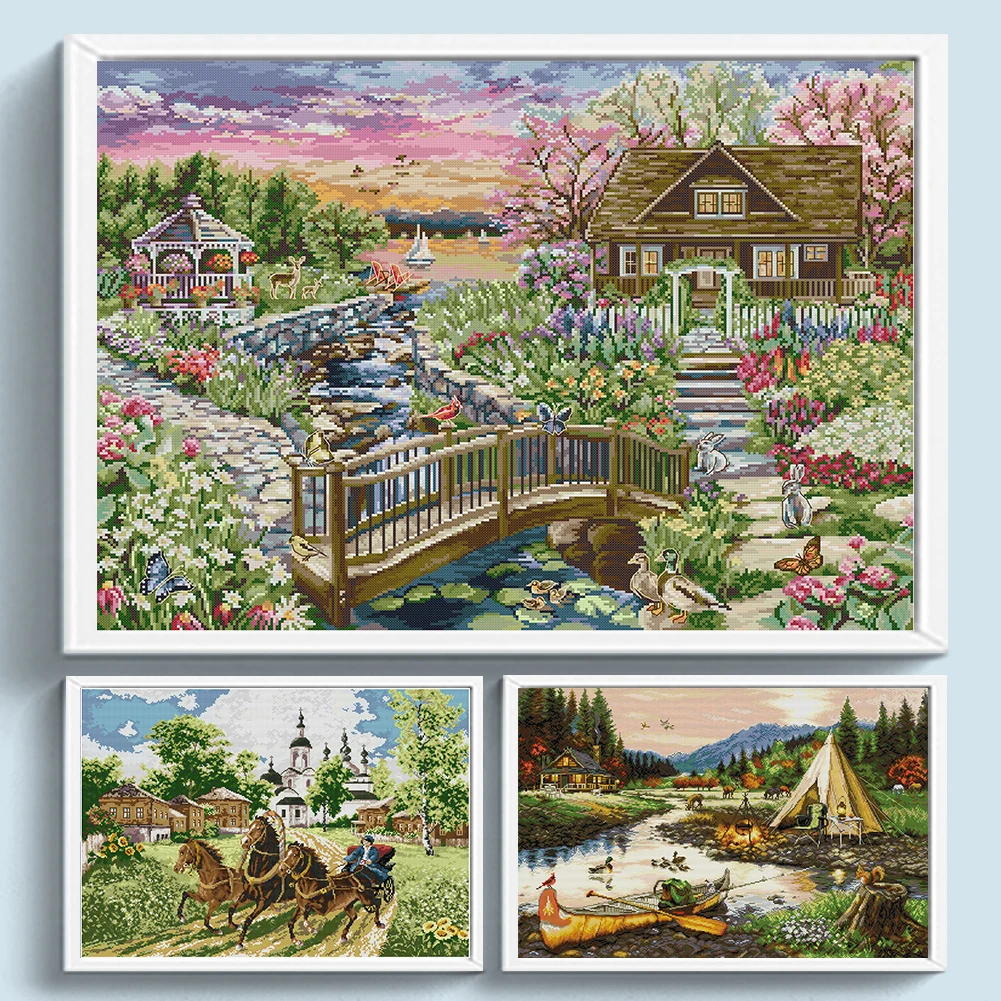 Full Embroidery Eco-cotton Thread 14CT Printed Landscape Cross Stitch Kit Printing Cross Stitch for Decoration/New Year Gift