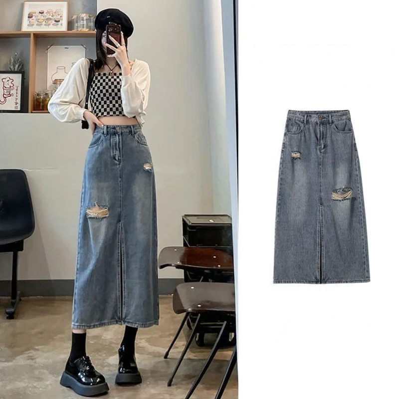 

S-5XL Jeans Skirts Women High Waist Ripped Skirts Vintage Elegant Korean Fashion Denim Skirt Plus Size Women's Clothing Q573