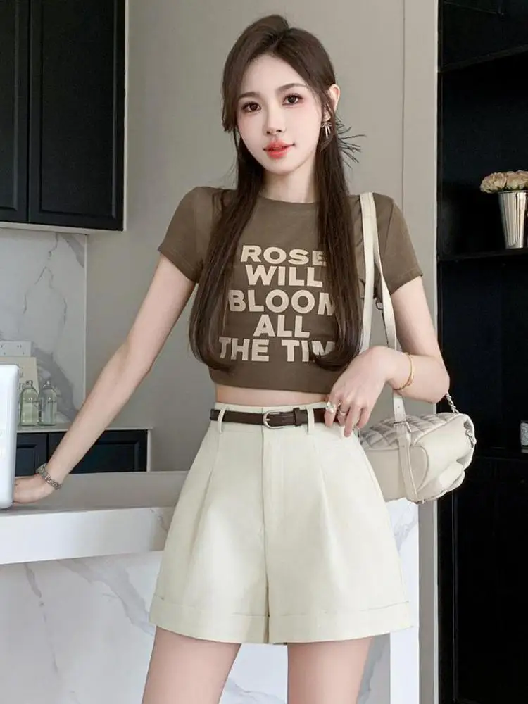 여성용 하이 웨이스트 캐주얼 반바지, 카키 스트레이트 와이드 레그 짧은 바지, 다용도 인기, 블랙 베이지, 한국 버전, 여름 패션