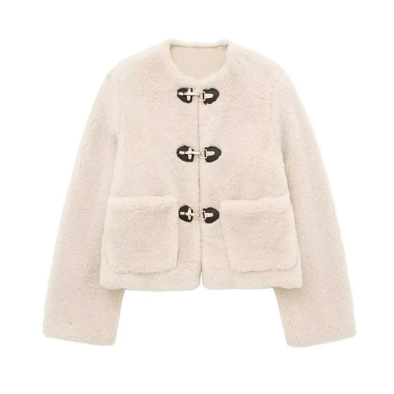 

HXAO Winter Women Jackets Fluffy Jacket Wool Blend O-Neck Cropped Jacket Woman Fashion Casual Outerwear Cashmere Duffle Coats