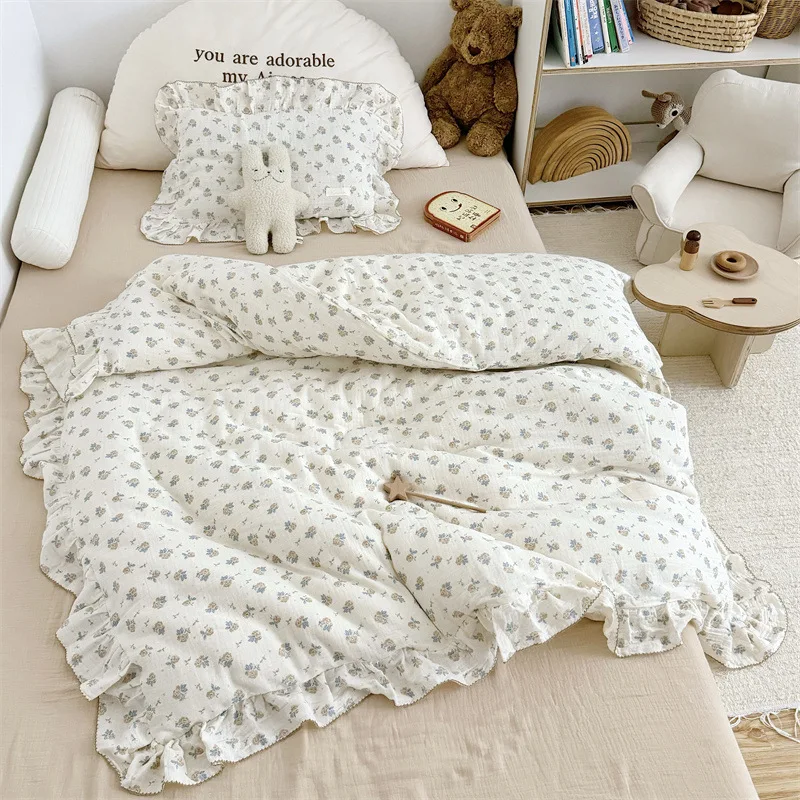 Toddler Bedding Set with Flowers Cotton Muslin Duvet Cover Set Twin Size with Pillow Covers