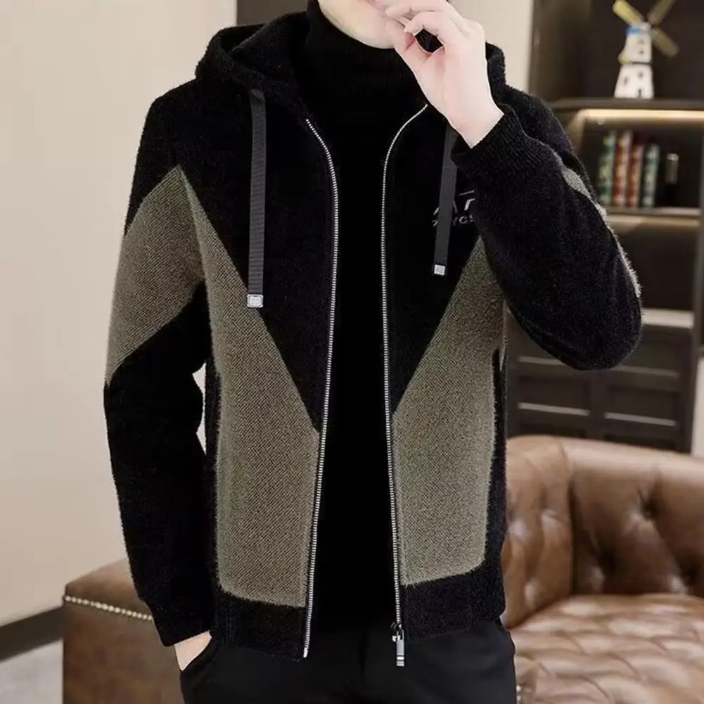 

Men Casual Winter Jacket Men's Hooded Drawstring Jacket with Color Matching Thick Soft Winter Coat for Plus Size Long Sleeve