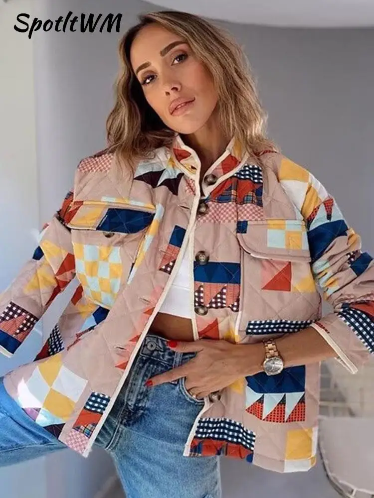 

Vintage Patchwork Casual Cropped Jackets Women Fashion Stand Collar Colorful Cotton Coat Autumn Lady High Street Loose Outerwear