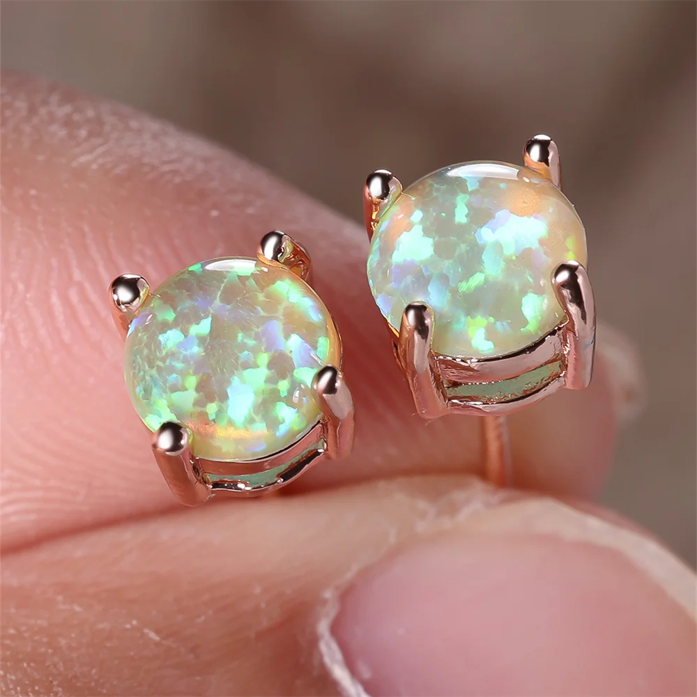 Pink White Blue Green Opal 6MM Round Stone Stud Earrings For Women Rose Gold Color Wedding Jewelry Minimalist Engagement Gifts