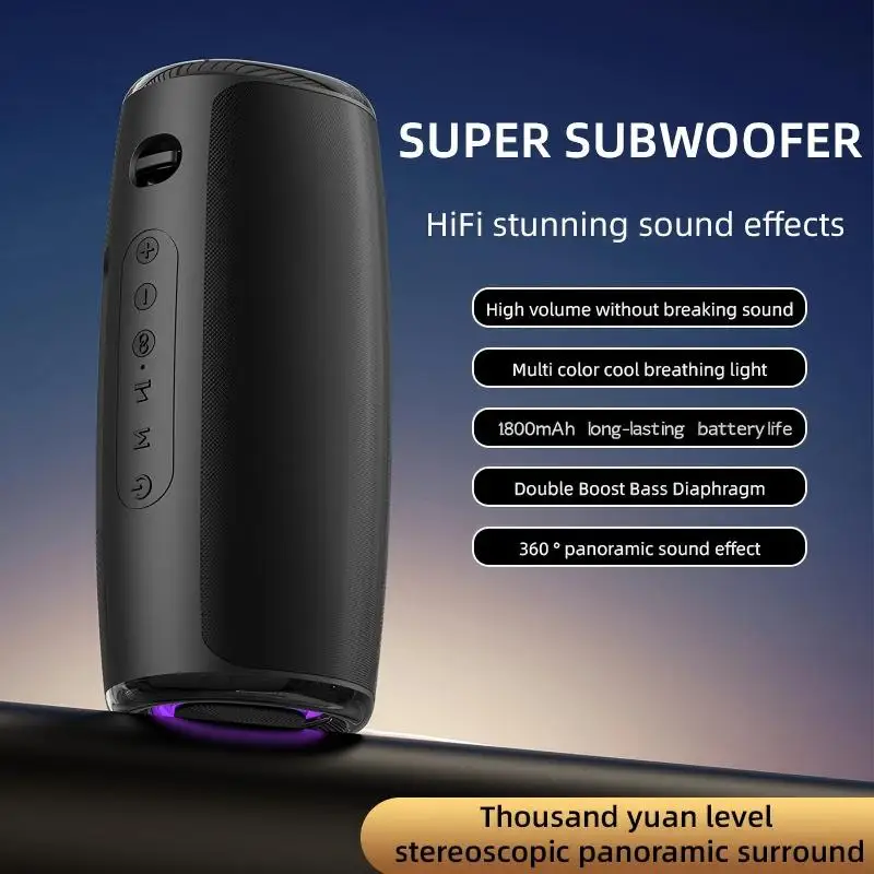 LED RGB 조명, V5.3 스테레오 더블 혼 서브우퍼, FM/SD/USB 디스크/Aux 모드를 갖춘 무선 휴대용 스피커 (야외 하이파이용)