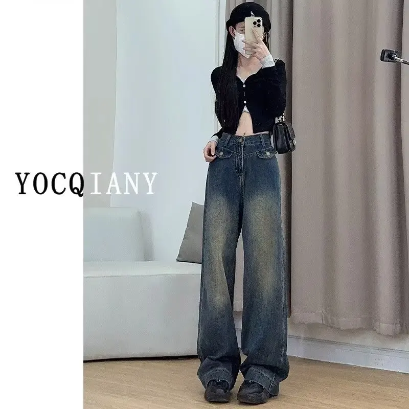 

LEDP Women Jeans Straight Wide-Leg Trousers Pants Slim Retro Gradient High-Waisted Fashion Stretch Design Female Jeans