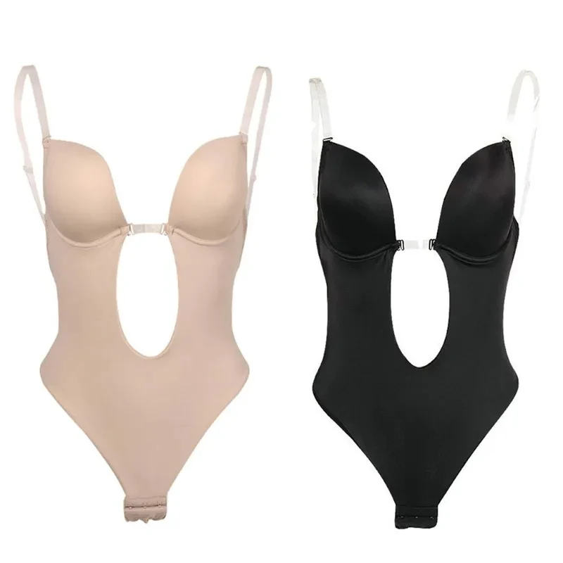 Women Sexy U Plunge Backless Bodysuit Deep V-Neck Seamless Thong Bottom Underwear Padded Push Up Body Shapewear Top for M6CD women body shaper sexy bodysuit