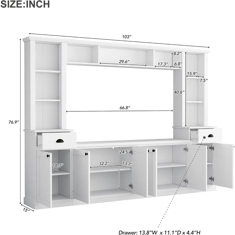Entertainment Wall Unit Set with Bridge,  TV Stand Console Table with Adjustable Shelves for TVs Up to 75”, Large Media Console 4