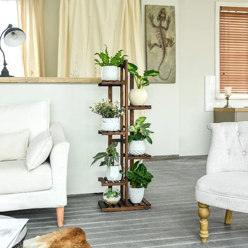 Wood Plant Stand 6 Tier 7 Potted Plant Shelf Indoor Outdoor Tall Multi-tiered Flower Pot Holder Modern Ladder Storage Rack
