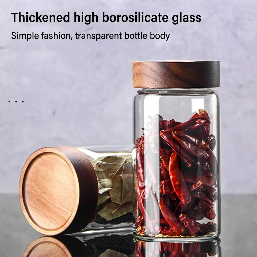 Glass Transparent Acacia Wood Containers With Lids Storage Tank Storage Pots Sealed Can Split Bottle Spice Jars 3