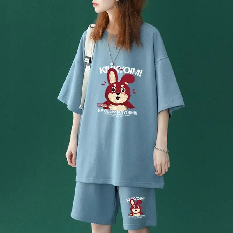 Two Piece Women's Cartoon Sport Short Sets Summer New Oversized Short Sleeve Tops Fashion Casual Harajuku Large Size Kawaii Suit