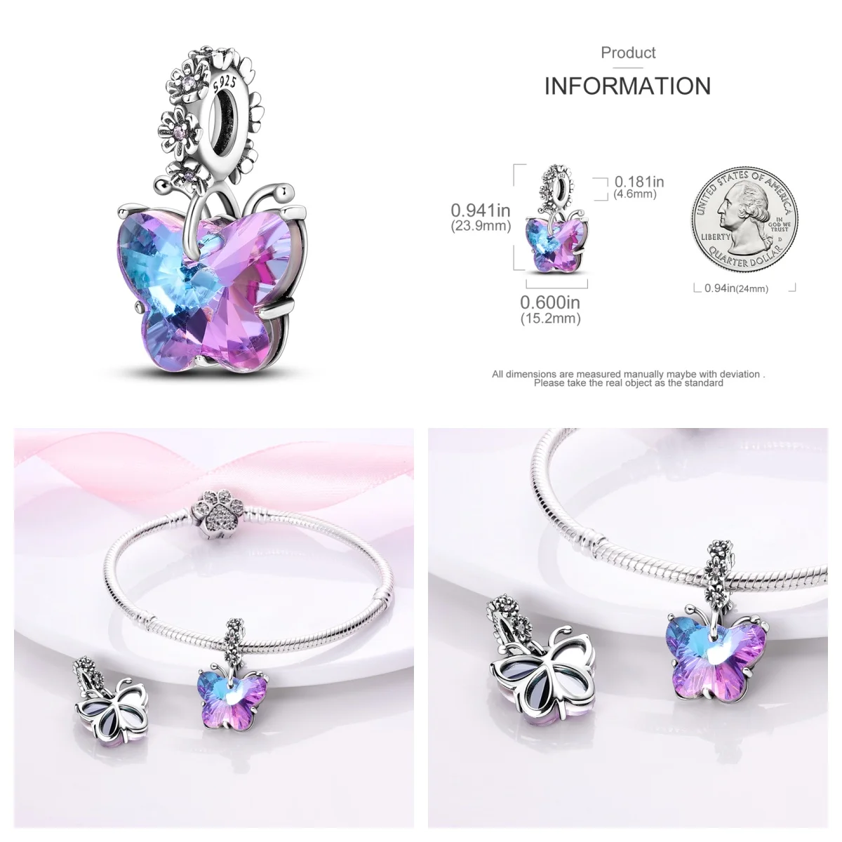 100% S925 Sterling Silver Butterfly Charms Fit Original Pandora Bracelet&Bangle DIY Beads For Women Birthday Fine Jewelry Gift