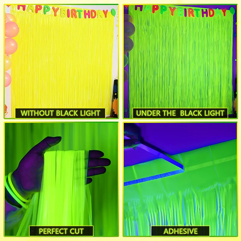 Glow Party Neon Foil Fringe Curtain Backdrop Happy Birthday Paper Banner Garland UV Black Light Glow in the Dark Decoration