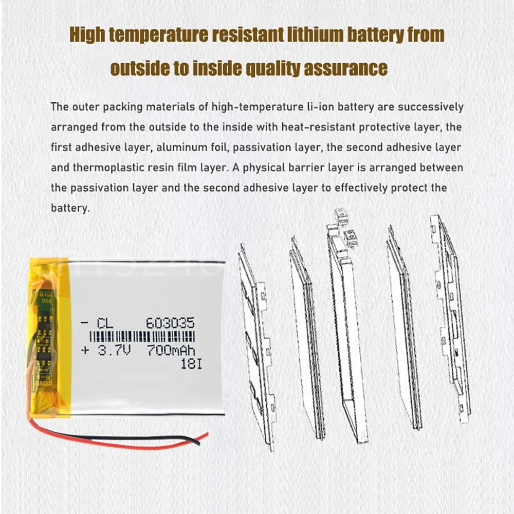 3.7V 700mAh 603035 Lithium Polymer Li-Po li ion Rechargeable Battery For mp3 mp4 mp5 Tachograph Car DVR Bluetooth Earphone GPS image_2