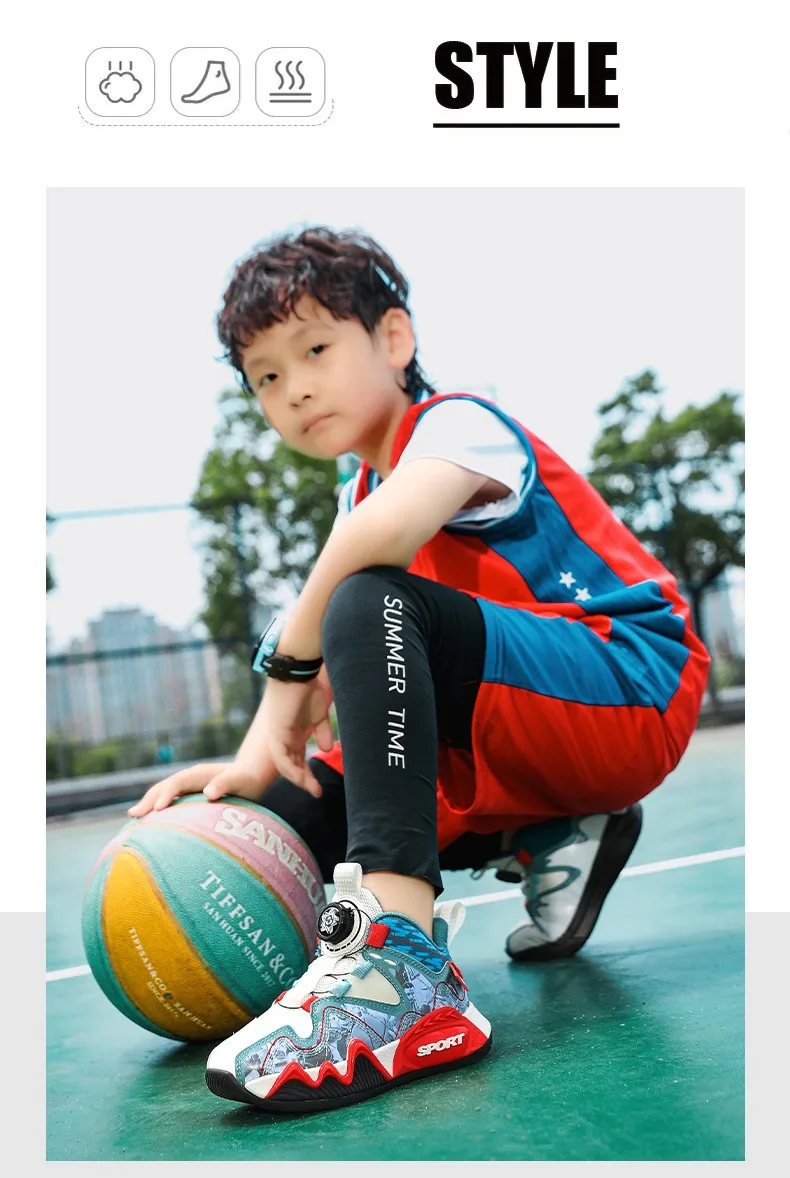 Description Picture 6 of itemNew children's shoes Boys rotating button sneakers leather non-slip large children's combat boots children's basketball shoes