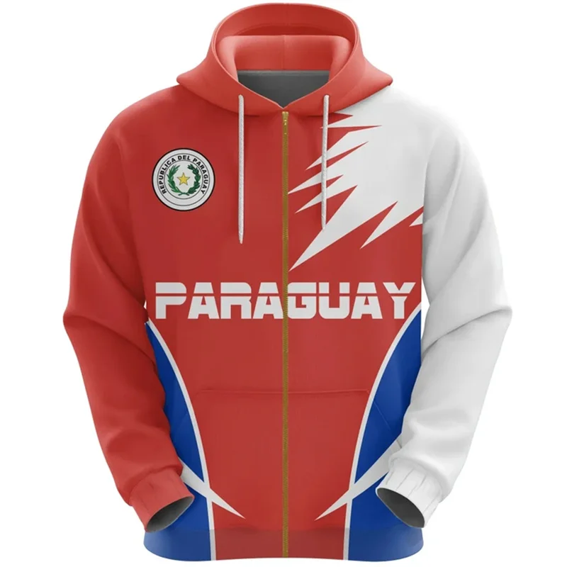 thumbnail image 1 of Sudadera con capucha y cremallera con estampado de bandera de Paraguay para hombre, sudaderas retro con estampado 3D, moda informal, jersey de gran tamaño con cremallera, camisetas de manga larga, 1 of 5