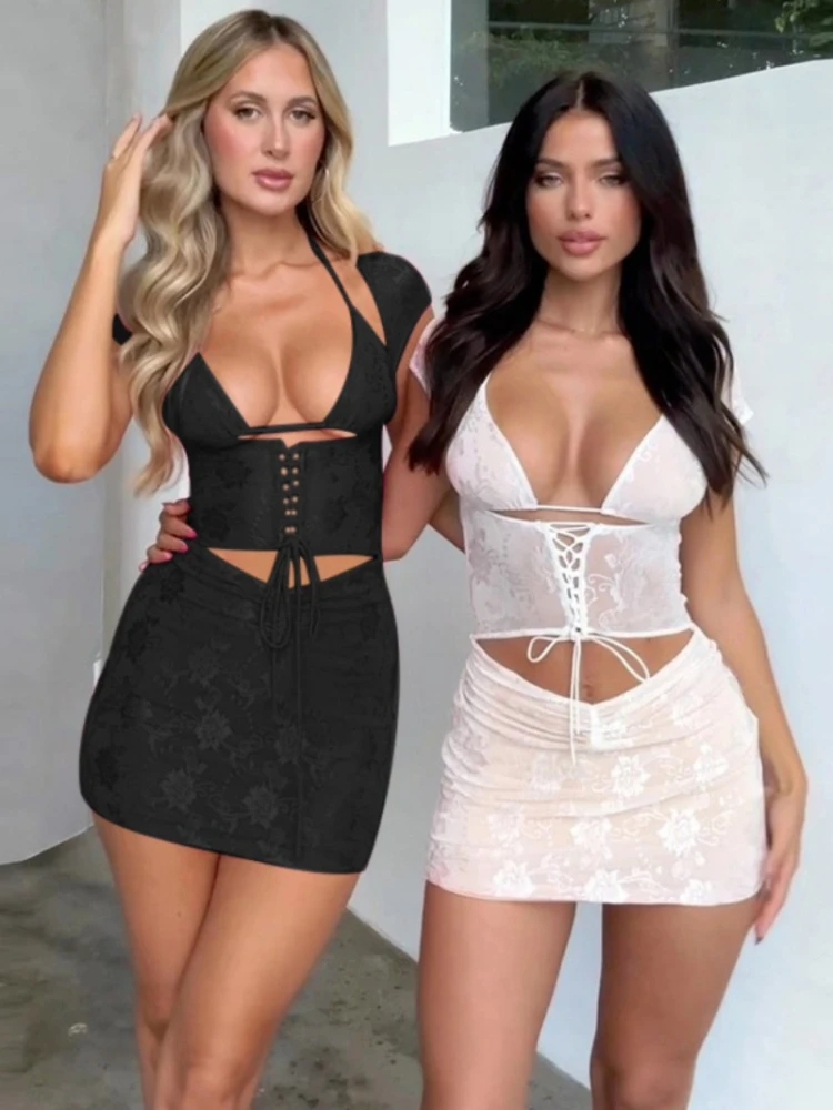 

2023 Summer Sexy 3 Pieces Dress Set Fashion Women's Hollow Out Halter Short Sleeve Bandage Slim Lace Corset Dresses Black White