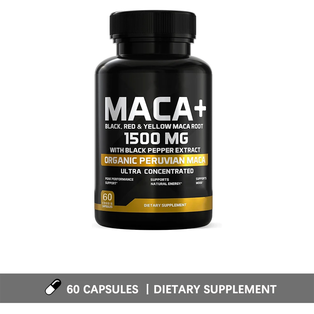 Organic Maca Root Powder Capsules 1500mg with Black+Red+Yellow Peruvian Maca Root Supplement for Men and Women - Vegan Pills