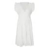 Women White V-Neck Beach Dress Solid Summer A-Line Half Sleeve Shirt Dress Casual Loose Pocket Sundress Holiday Baggy Long Robe 4
