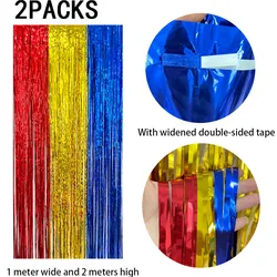 Rainbow Foil Fringe Curtains - Tinsel Metallic Streamers for Vibrant Party Decorations, Set of 2 (Red gold blue)