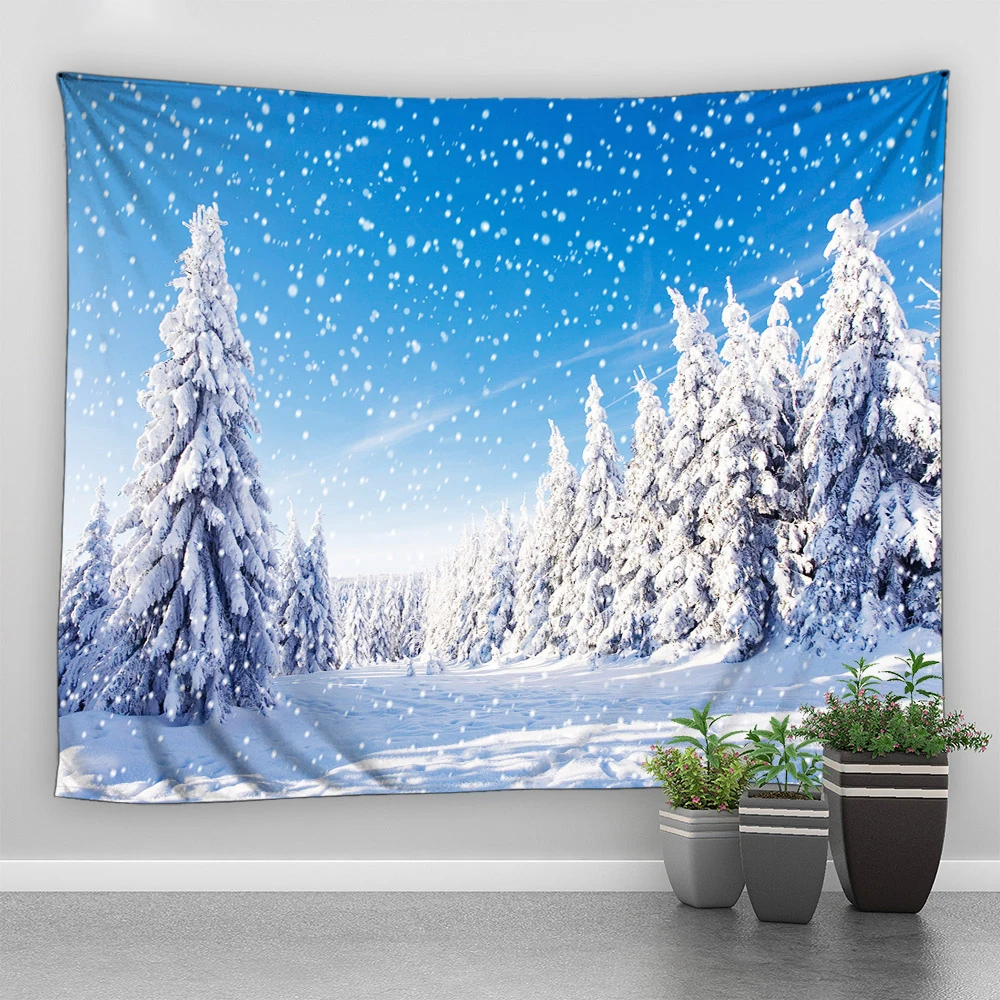 thumbnail image 1 of Tapiz con estampado de muñeco de nieve y alce con paisaje de nieve de invierno para decoración de pared del hogar, sala de estar y dormitorio, 1 of 5