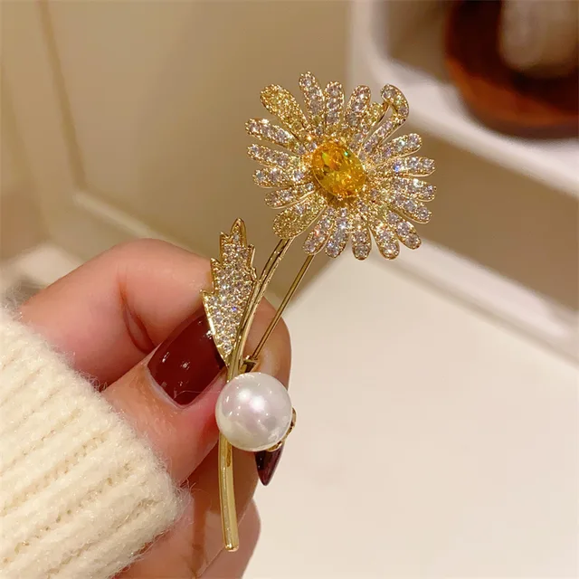 Broches marguerite pour femmes, Imitation perle, couleur or