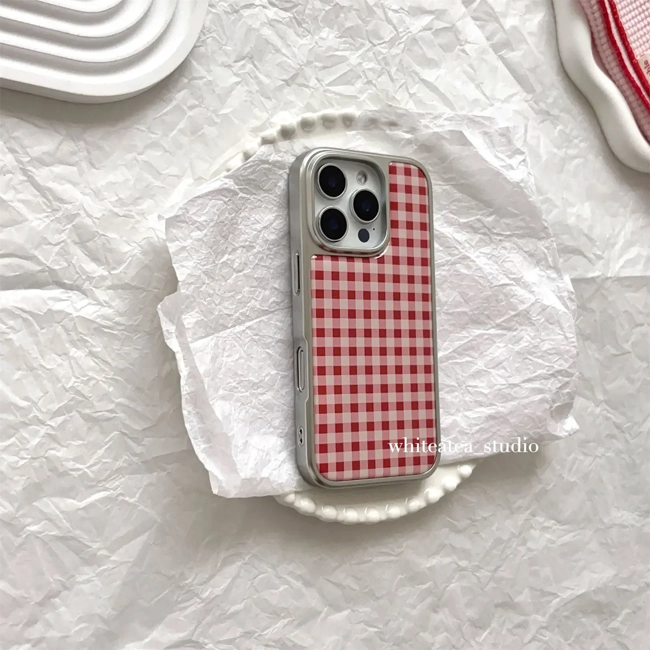 Korean Red Grid Electroplating Drip Glue Phone Case - Y2K Inspired Cover