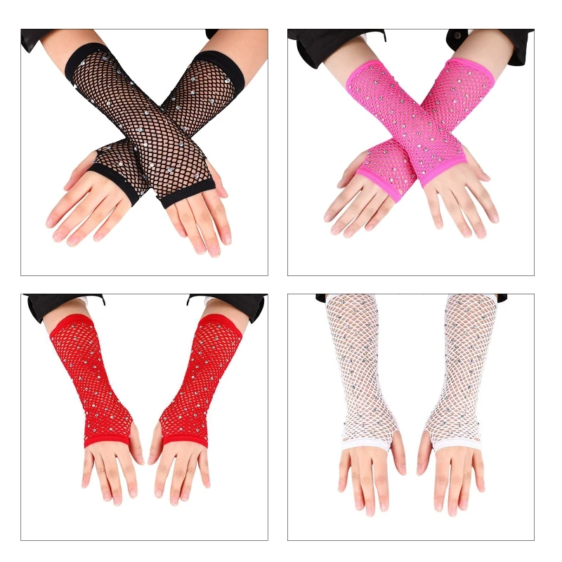 

Сексуальные эластичные перчатки со стразами, цветные свадебные перчатки с половиной пальца, черные перчатки в сеточку