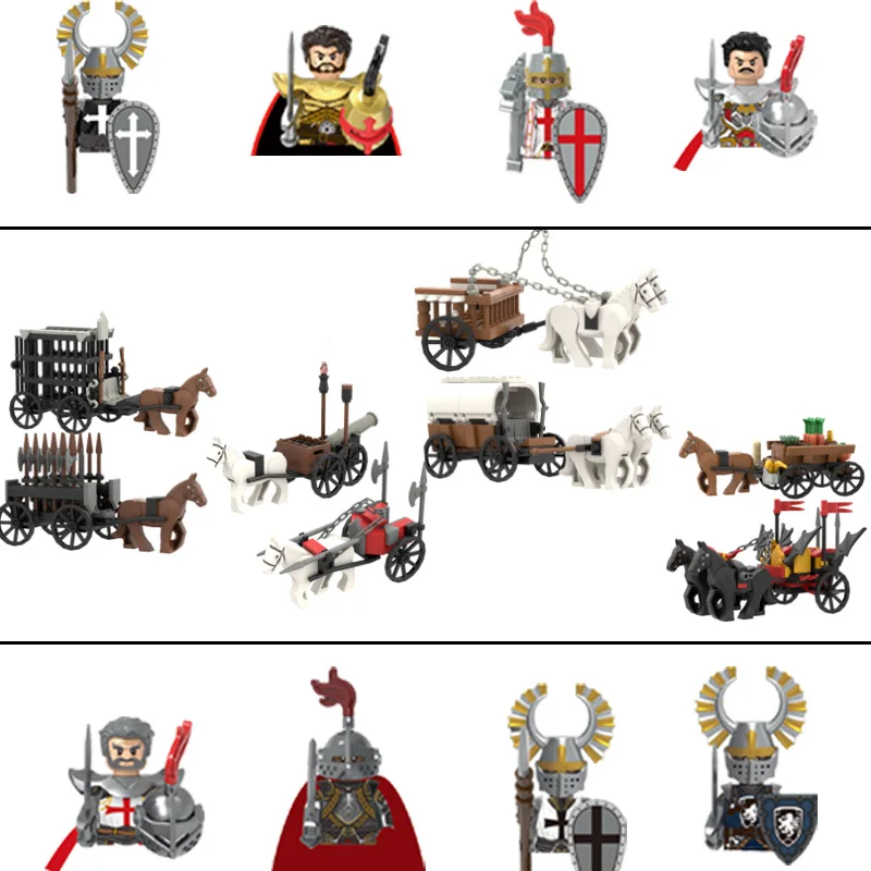 

MOC Medieval Military Chariot Vehicle Building Block Figure Soldier General Weapon Sword Shield Steed Accessories Toys Gifts