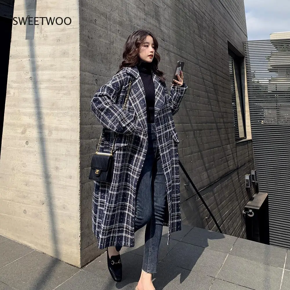 

Wool Blends Women Winter New Loose Plaid Retro Long Coat Windbreaker Parka Thick Hiver Basic Outerwear Female Overcoat