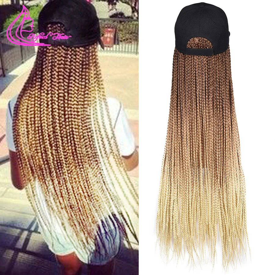 Synthetic Hat Wig Baseball Cap with Braiding Hair 24inch Long Braids Wigs Women Girls Daily Wear Ombre Blue Grey Brown Blonde
