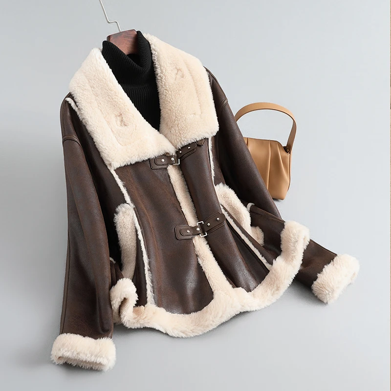 

Women 2023 Winter Fashion Motorcycle Lapel Jackets Female Genuine Lambswool Fur Coats Ladies Short Real Fur Warm Overcoats O561