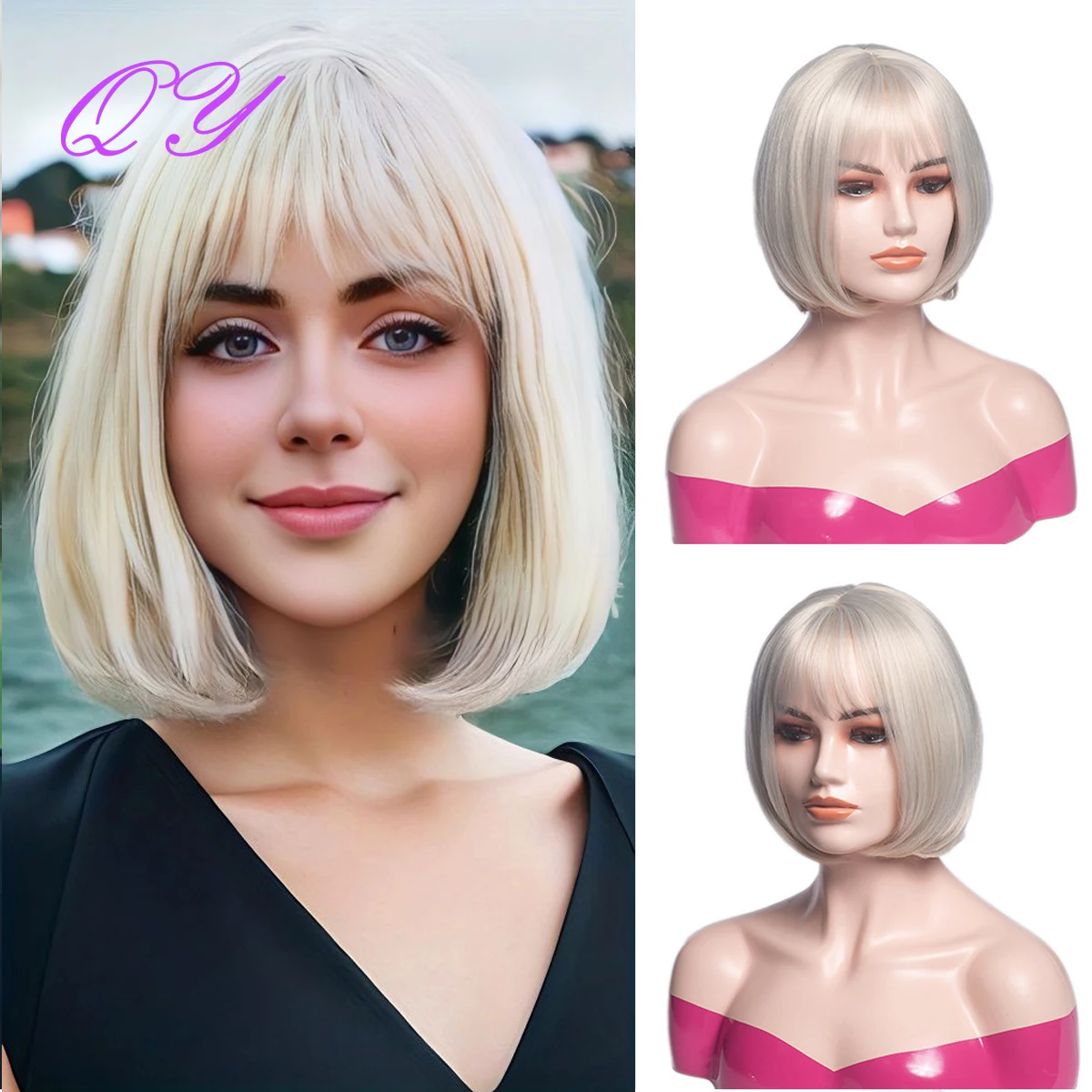 

Women's short gold bangs BOBO head decoration face shape multiple colors available daily wig high-temperature silk full hea