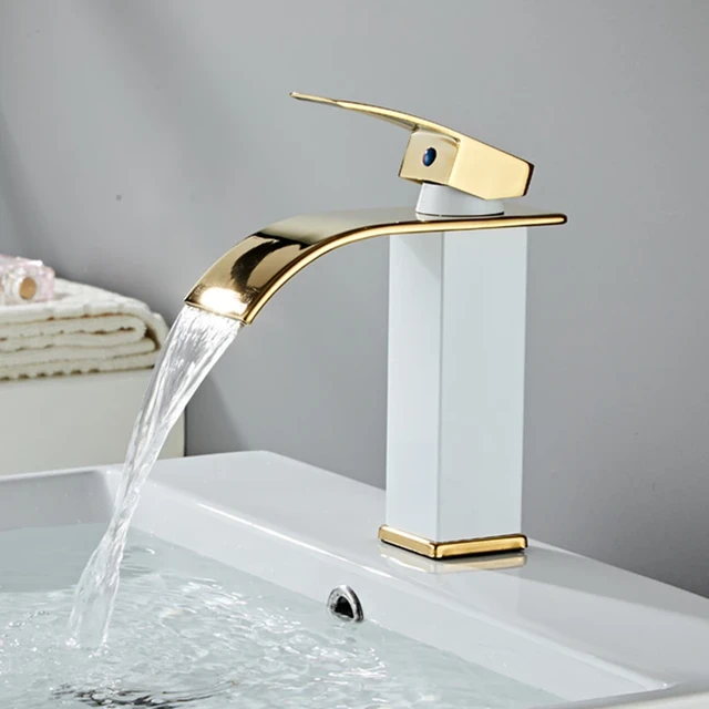 Grifo de lavabo dorado y blanco, grifería de cascada de latón, mezclador de  lavabo de baño, grifo de fregadero caliente y frío - AliExpress