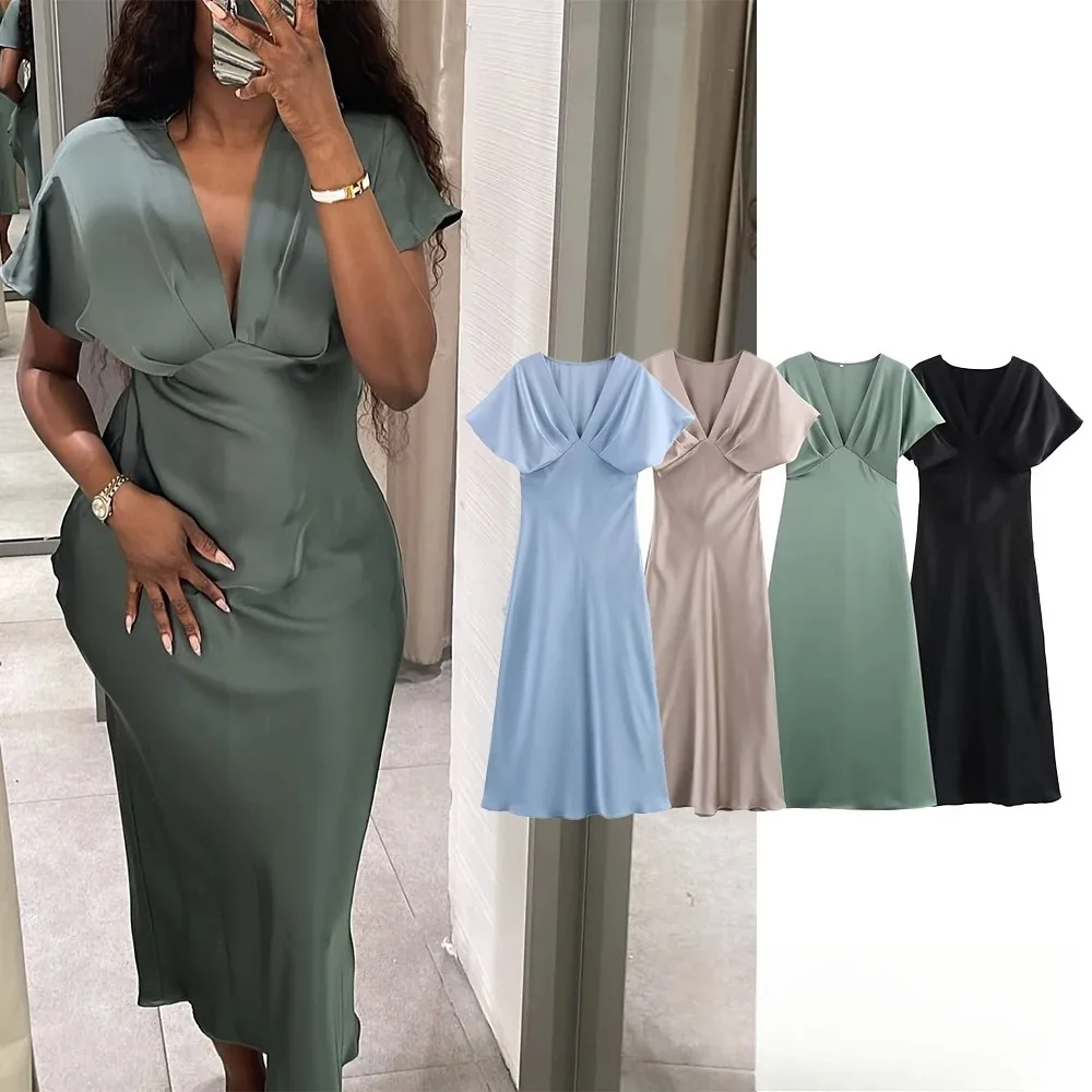 KONDALA Langes Satin Kleid V-Ausschnitt 7