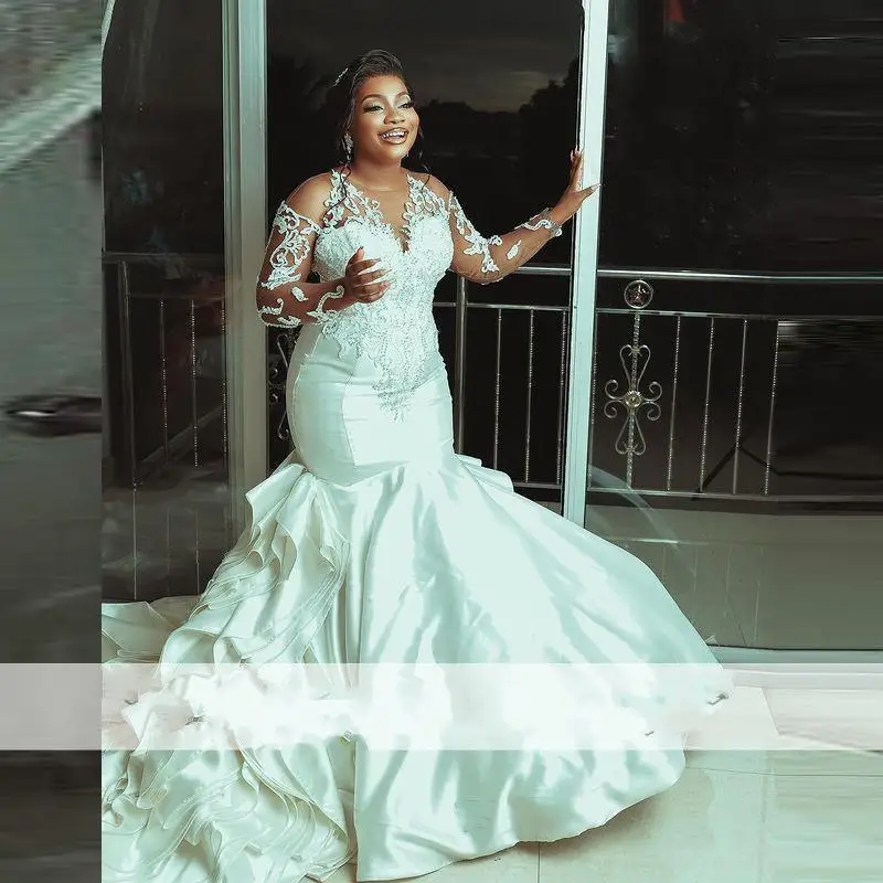 

Современные кружевные свадебные платья-русалки с аппликацией и длинными рукавами, платье с длинным шлейфом для часовни, многослойная атласная юбка, свадебные платья