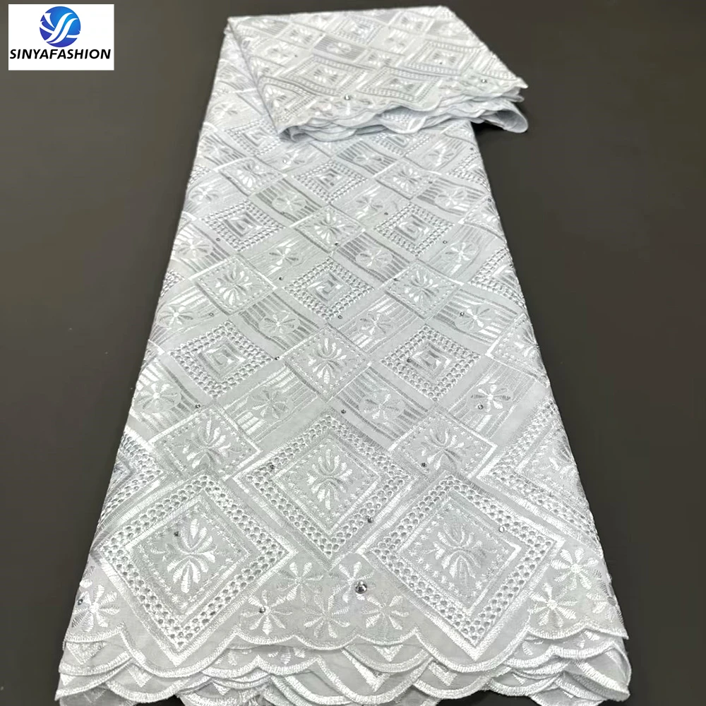 

White African Cotton Lace Fabric 2024 High Quality Lace With Stones 5 Yards Swiss Voile Lace In Switzerland Austria Dubai Cloth