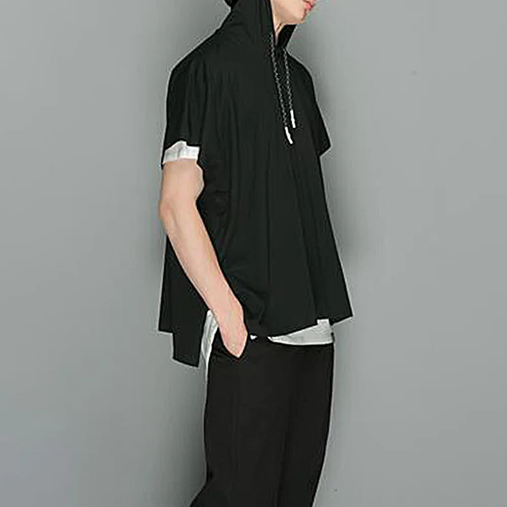Mens Casual Letter Printed Hooded Cape Genderless 2024 New Fashion Streetwear Personalized Versatile Short Sleeve Top Unisex