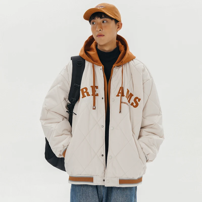 Street Style Men Winter Fake Two-Piece Hooded Baseball Clothes Jacket Unisex Parkas Thick Warm Oversize Cotton-Padded Windbreake